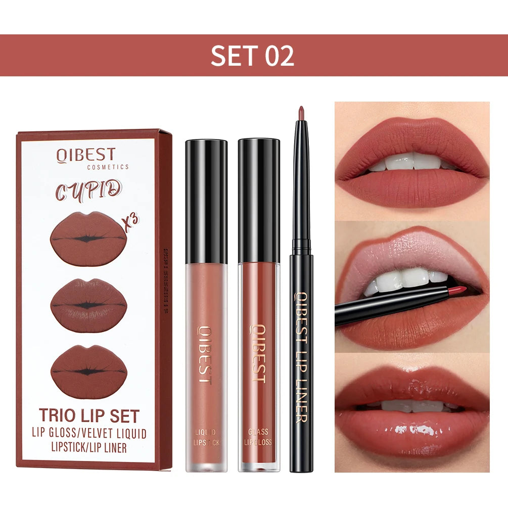 QIBEST Hots 3pcs Liquid Lipstick And Lip Liner Makeup Sets Nude Velvet Lip Gloss Lip Tint Lasting Black Lip Glaze Cosmetics Kits Peaceful Pleasures Health and Wellness SET 02