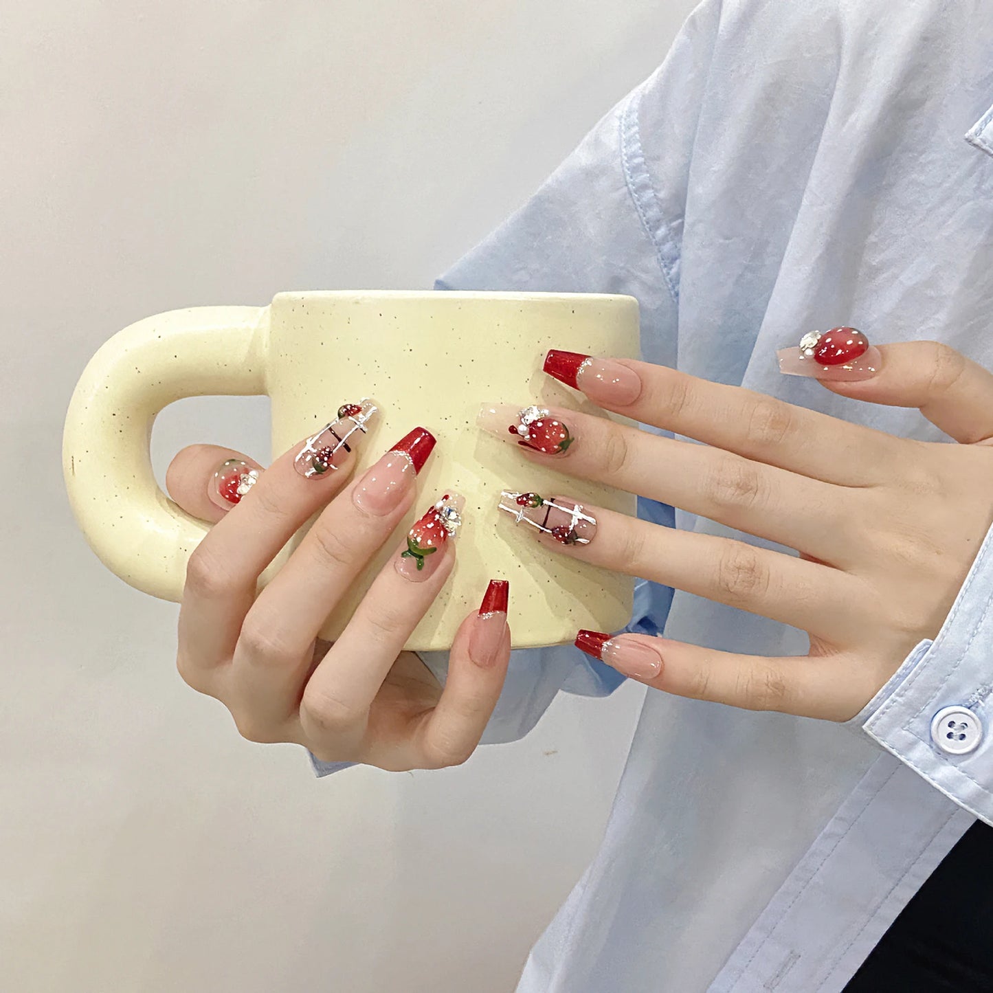 Handmade Press on Nails 3D Sweet Strawberry Crystal Design Fake Nails Shiny Red French Long Ballet Coffin False Nail Tips 10pcs Peaceful Pleasures Health and Wellness