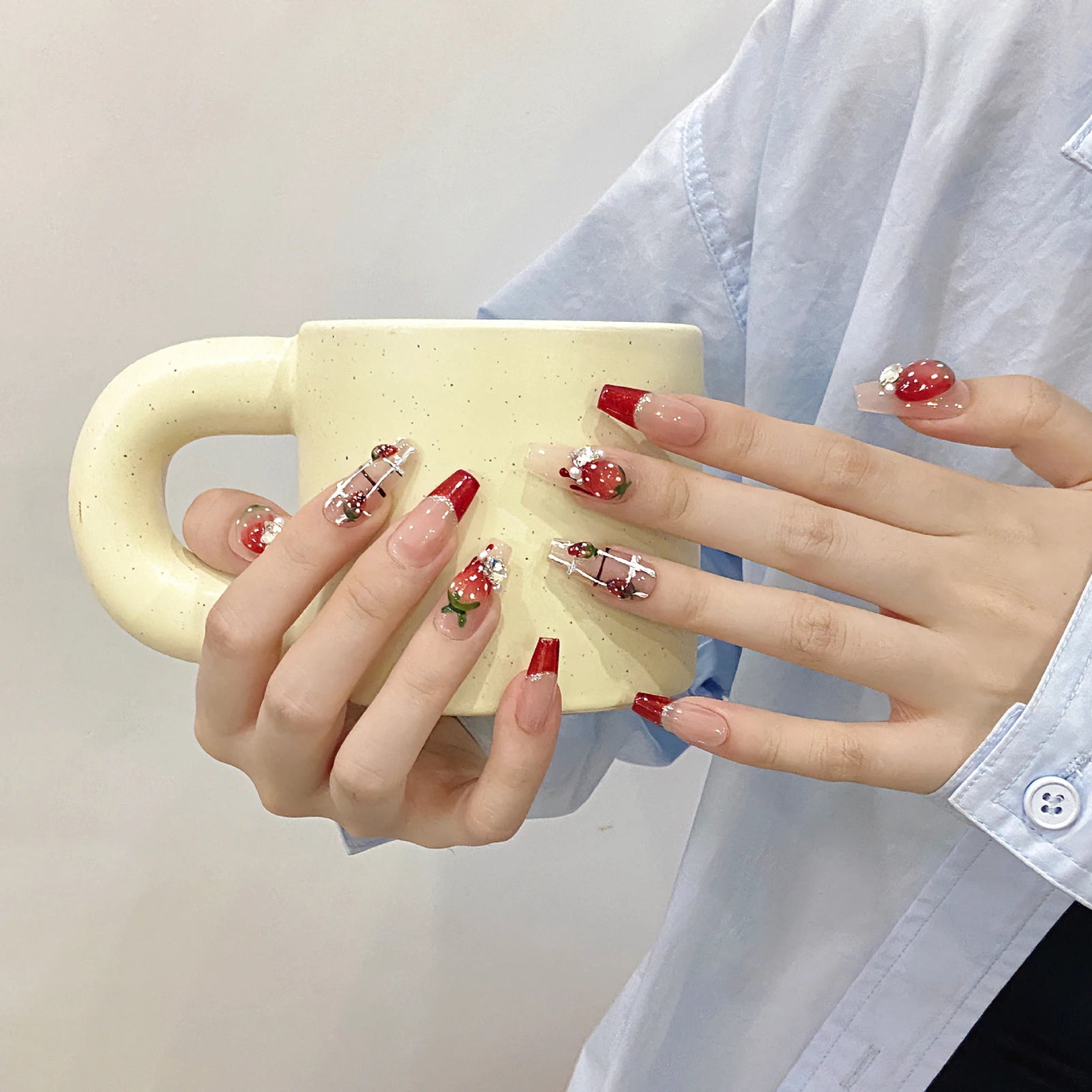 Handmade Press on Nails 3D Sweet Strawberry Crystal Design Fake Nails Shiny Red French Long Ballet Coffin False Nail Tips 10pcs Peaceful Pleasures Health and Wellness