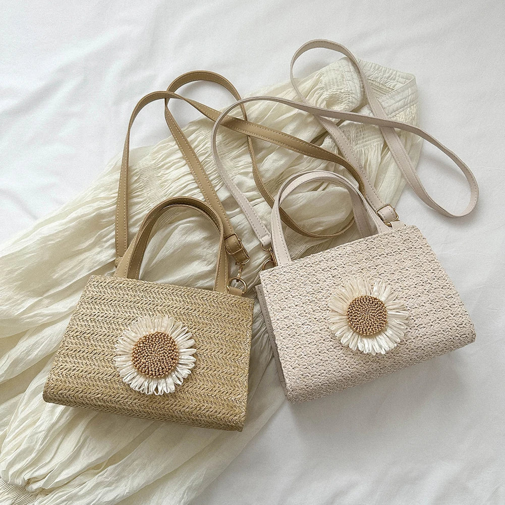 Sunflower Straw Shoulder Bag for Women – Woven Casual Handbag Shoulder Bag Peaceful Pleasures Health and Wellness