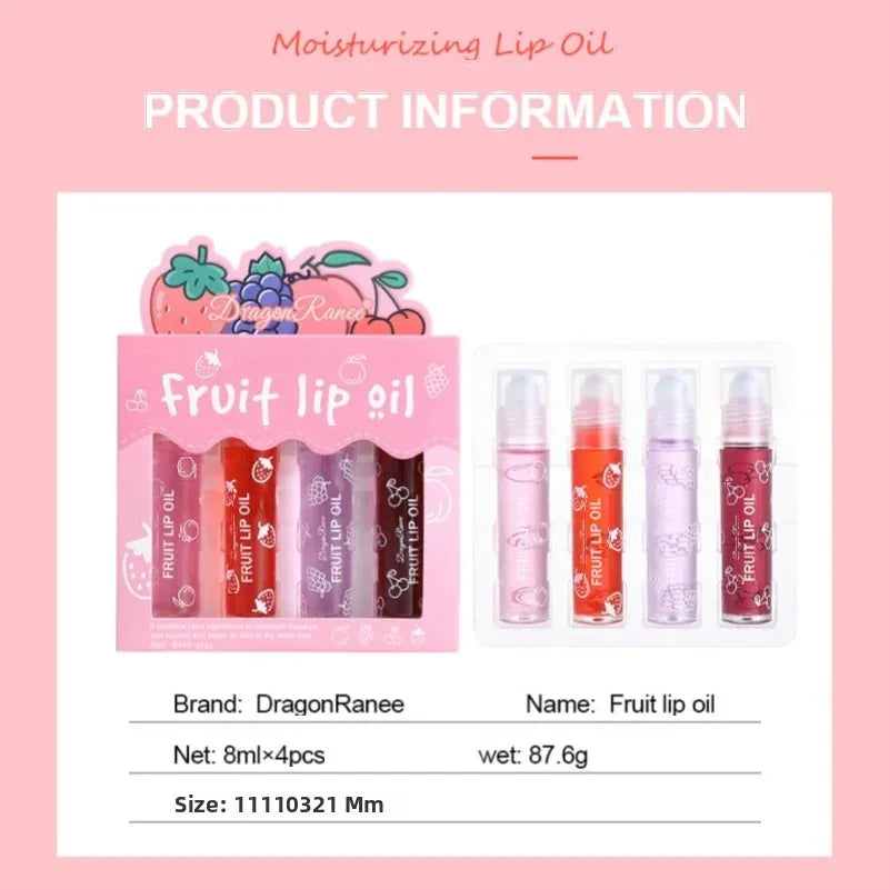 4-Pack Roll-On Fruit Lip Oil – Hydrating & Moisturizing Gloss Set