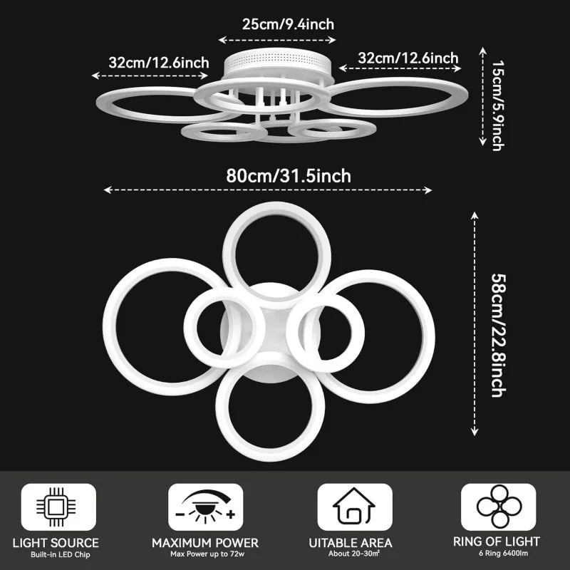 Modern 6-Ring LED Flush Mount Ceiling Light | Dimmable Remote