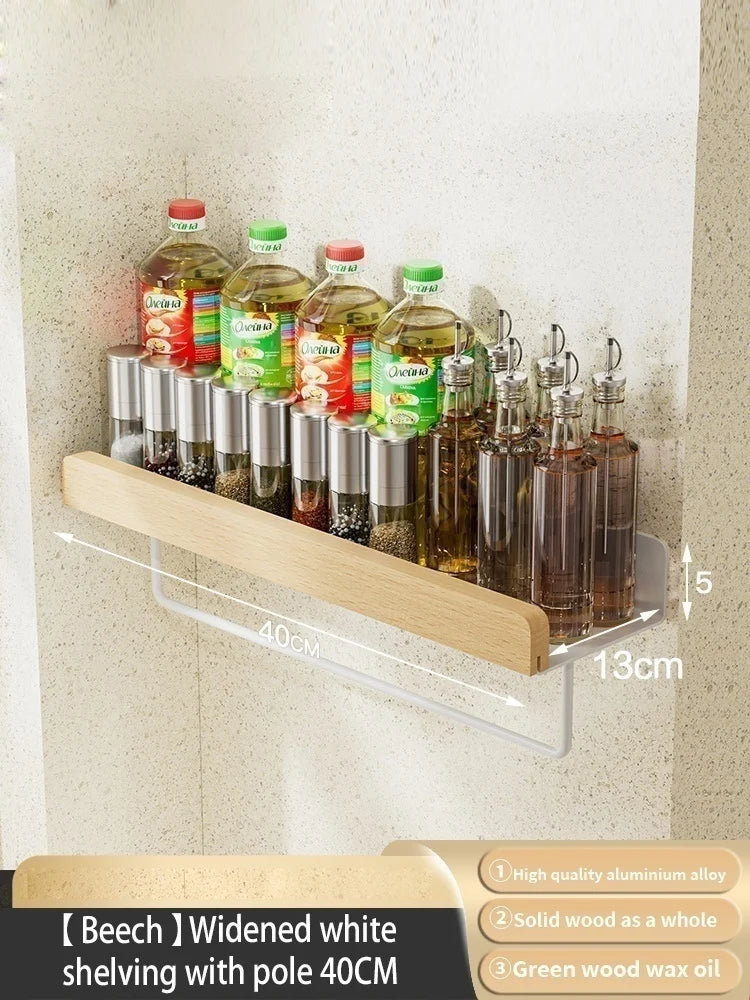 Wall-Mounted Wood & Aluminum Spice Rack with Hooks | Kitchen Organizer