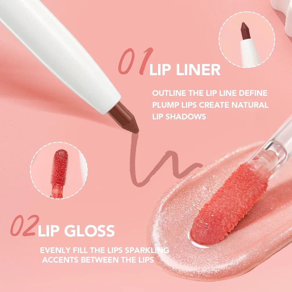 QIBEST Double Ended Mirror Lipgloss Lipliner Pen Lasting Water Light Lip Gloss 2 In 1 Makeup Matte Lipliner Pencil Contour Stick Peaceful Pleasures Health and Wellness