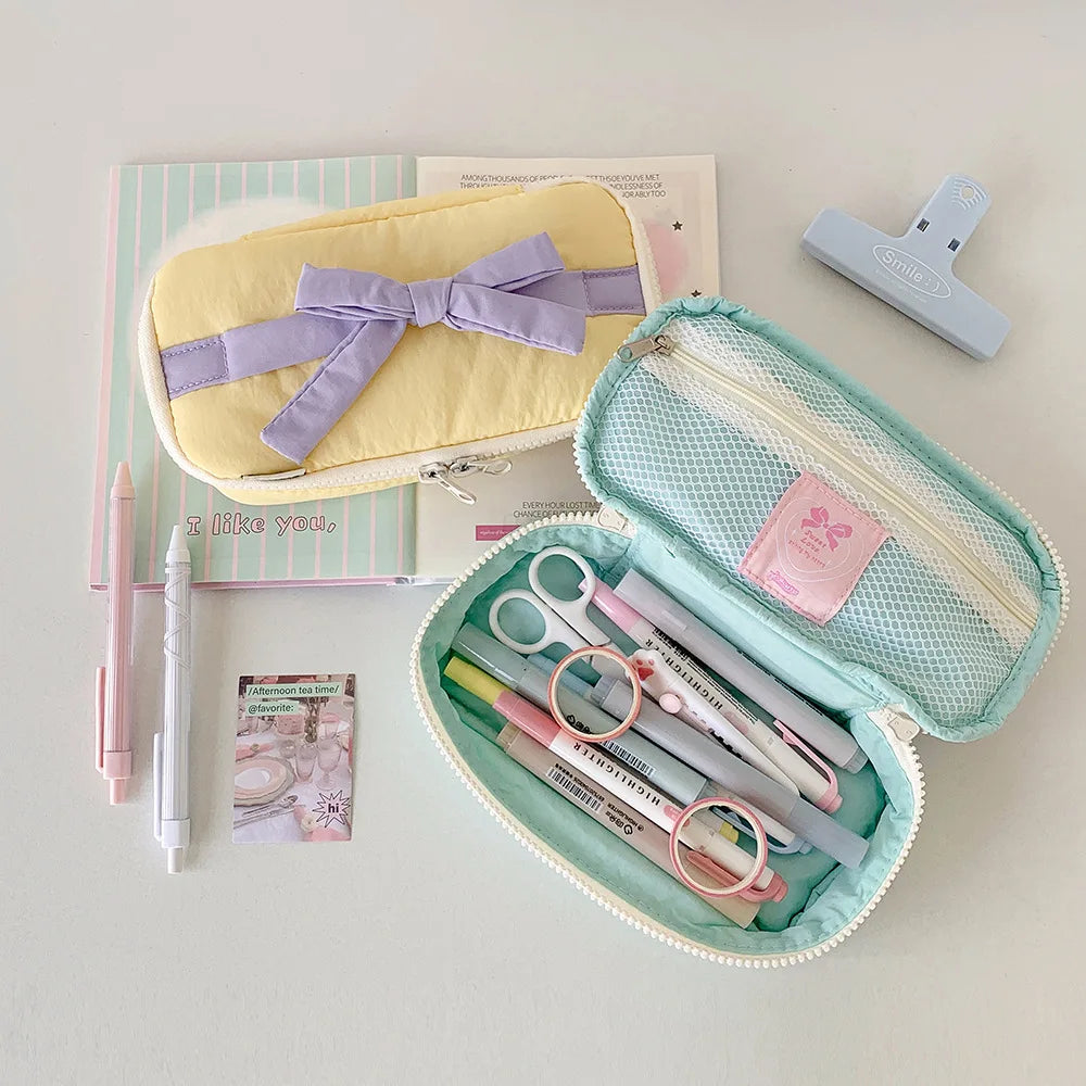 Soft Fabric Pencil Case Student Simple Bow Storage Bag Stationery Bag DIY Journal Desktop Storage Bag Practical Stationery Bags Peaceful Pleasures Health and Wellness