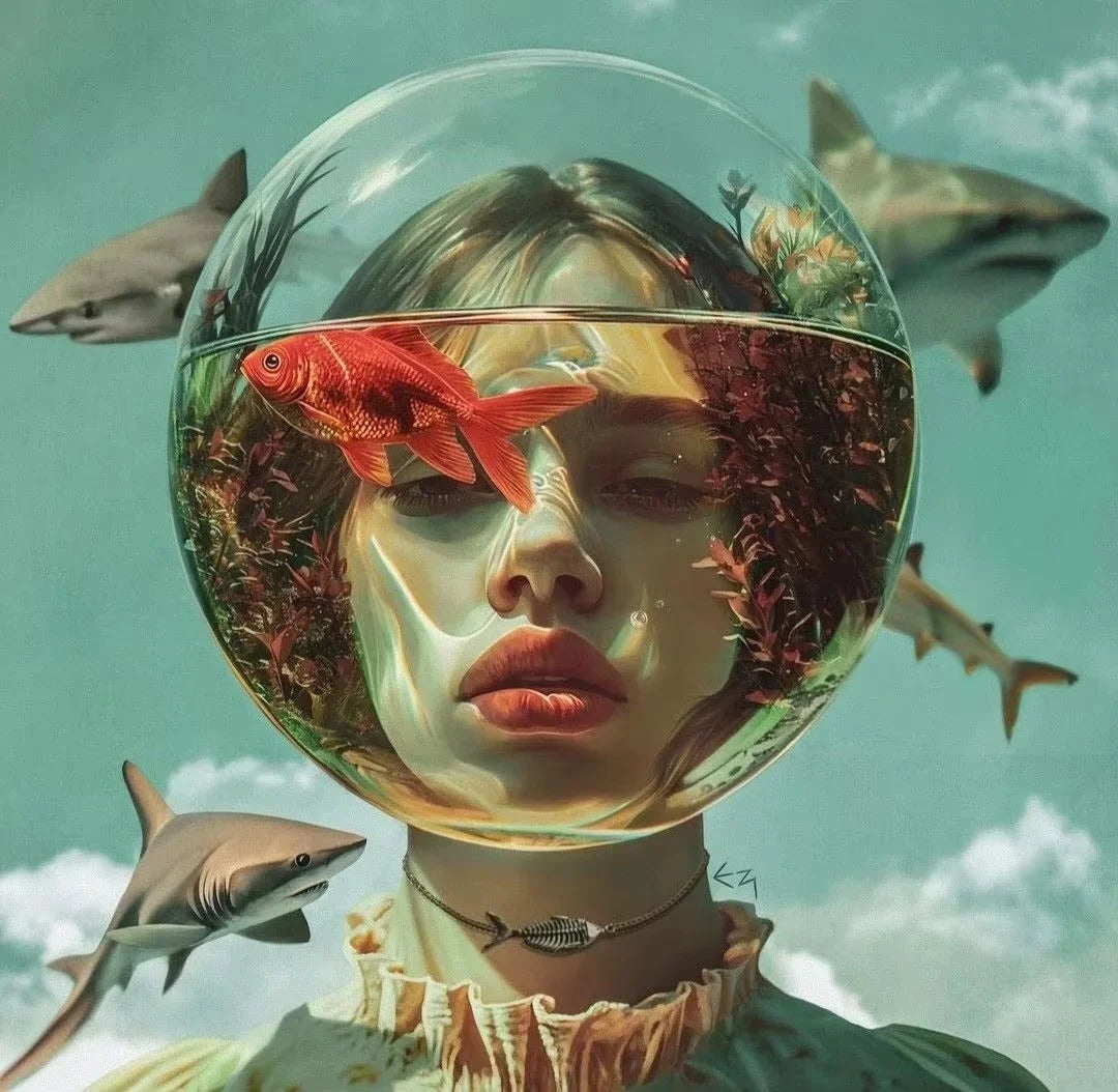Surrealism Woman & Fish Canvas Wall Art | Fantasy Portrait Print