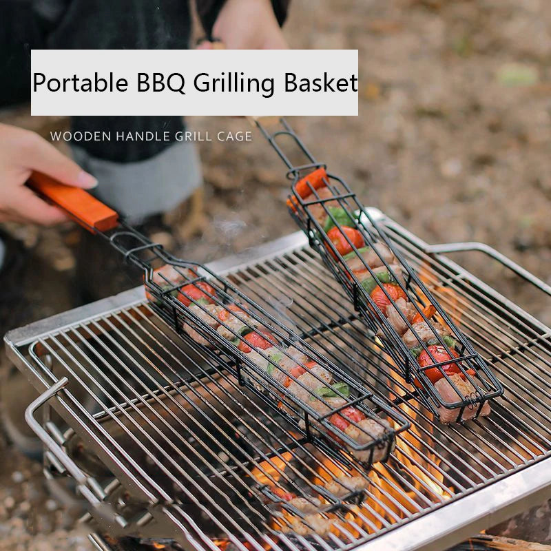 Portable BBQ Grilling Basket Stainless Steel Nonstick Barbecue Grill Basket Wooden Handle Grill Mesh Meat Picnic Roasting Tool Peaceful Pleasures Health and Wellness