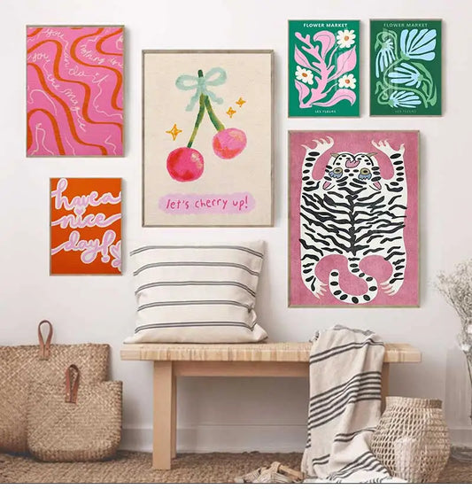 Retro Pink Preppy Canvas Wall Art | Cherry Heart Snake Poster Canvas Wall Art Peaceful Pleasures Health and Wellness