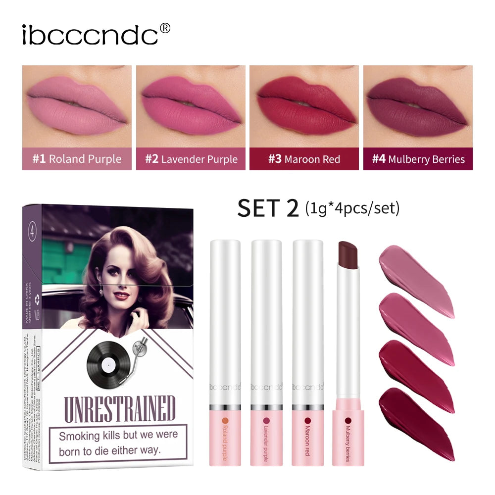 4PCS/Set Matte Long Lasting Waterproof Creative Cigarette Lipstick Set Matt Lip Stick Tube Nude Red Velvet Lip Tint Makeup Peaceful Pleasures Health and Wellness Set 2