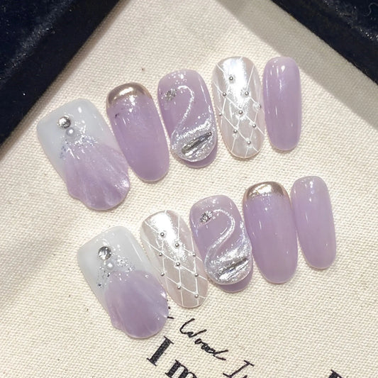 3D Swan Press On Nails – Purple Cat Eye Short Round | YADORNOS Press On Nails Peaceful Pleasures Health and Wellness
