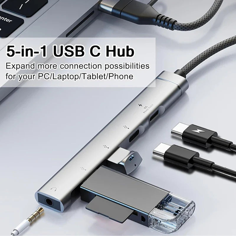USB-C & USB to 3.5mm Audio Adapter – 5-Port OTG Hub