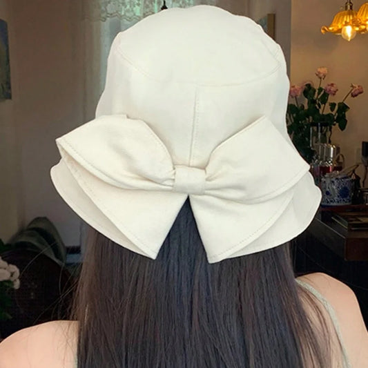 1-Piece Solid Color Bow-Shaped Sun Hat for Women, Summer Japanese Style Casual Hepburn Style Sun Hat with Bow, Versatile Wide-Brimmed Sunshade Peaceful Pleasures Health and Wellness