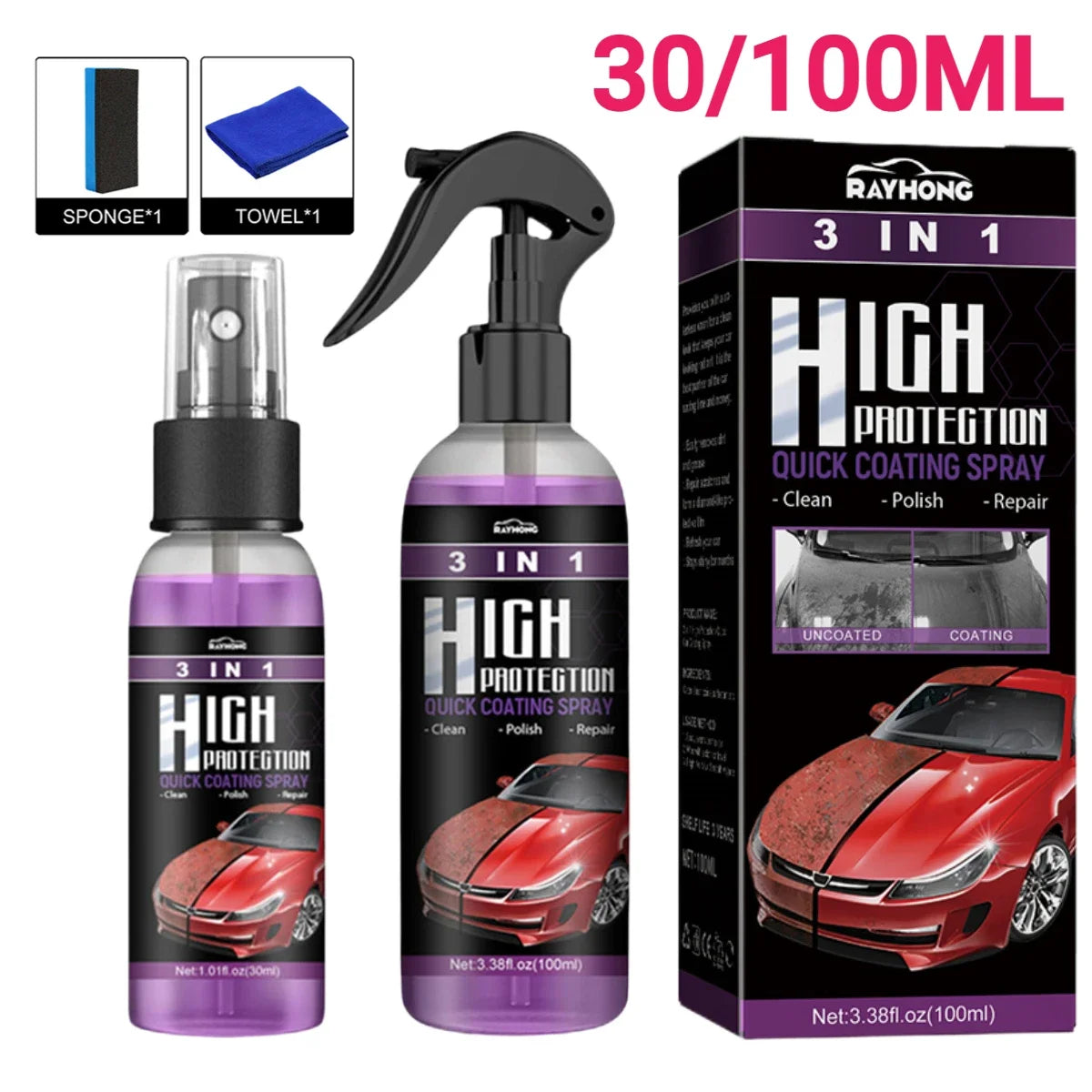 3In1 Quick Coating Spray 100ML High Protection Shine Armor Ceramic Car Wash Car Shield Coating Cleaning Nano Polishing Paint Wax Peaceful Pleasures Health and Wellness