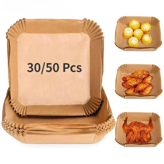 50/30 Pieces Kitchens Accessories Air Fryer Paper Kitchen Utensils Disposable Square Round Pastry Molds BBQ Plate Non-stick Pad Peaceful Pleasures Health and Wellness