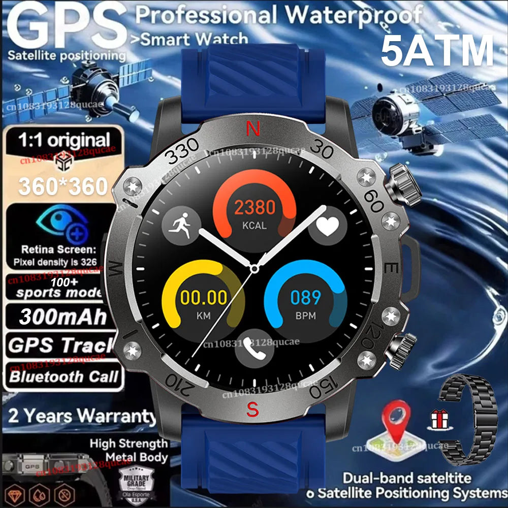 New Dual-Band GPS Military Smart Watch 5ATM Water-Resistant 300mAh Battery Compass GPS Sport SmartWatch Men For Android IOS 2025 Peaceful Pleasures Health and Wellness Blue Black Steel