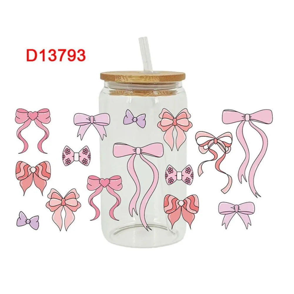 New Waterproof UV DTF Transfer Sticker Clear Smooth Pink Bow Decals Water Bottles Sticker For 16Oz Glass Cup Peaceful Pleasures Health and Wellness 1