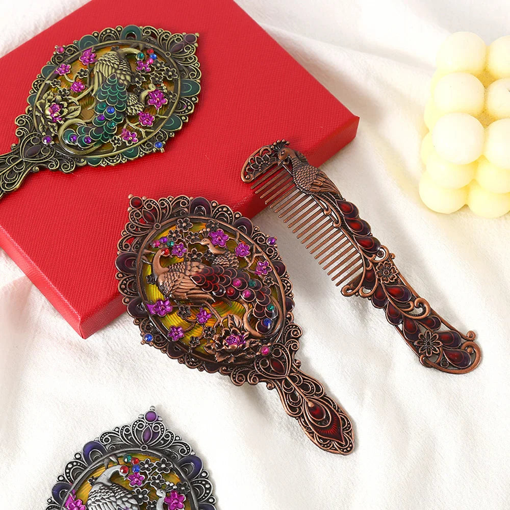 Peacock Embossed Metal Vanity Mirror & Comb Set – 2 Pcs