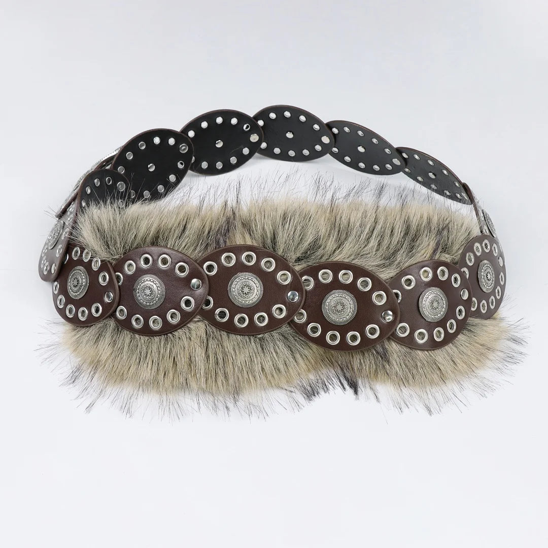 UYEE Punk PU Studded Fur Belt Y2K Vintage Faux Waistband Metal Plush