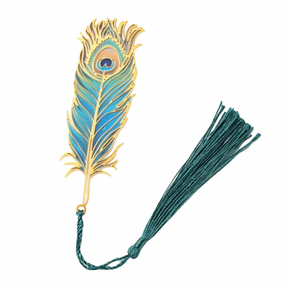 Vintage Metal Bookmark Creative Feather Shape Peacock Feather Bookmark Sturdy with Chain Pendant Hollow Out Bookmark Peaceful Pleasures Health and Wellness Green