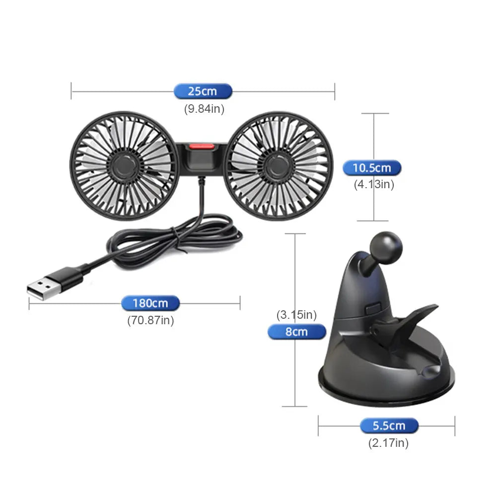 USB Dual Head Car Fan | 360° Rotation 3-Speed Vehicle Cooler Peaceful Pleasures Health and Wellness france