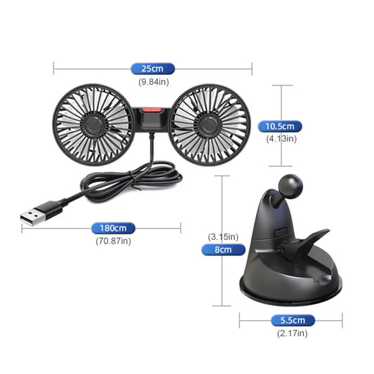 USB Dual Head Car Fan | 360° Rotation 3-Speed Vehicle Cooler Peaceful Pleasures Health and Wellness france