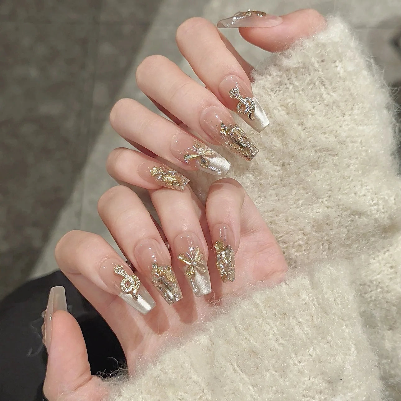 Handmade French Cat Eye Press on Nails Glitter Champagne Crystal Butterfly False Nails 3d Rhinestone Snake New Year Fake Nails Peaceful Pleasures Health and Wellness XS 1
