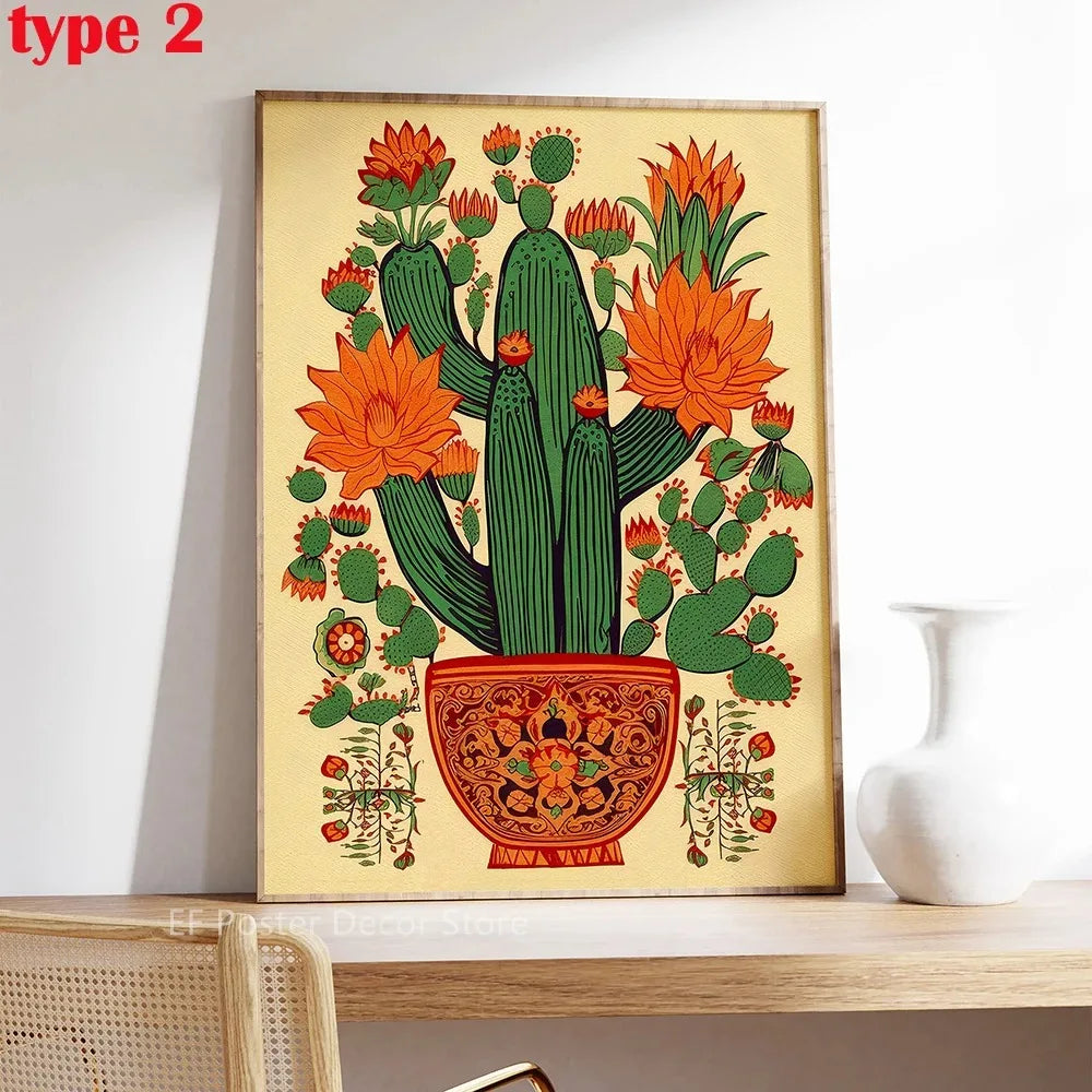 Classic Retro Mexican Cactus Poster Canvas Decoration Painting Flower Aesthetics Color Art Room Home Decoration Wall Art Peaceful Pleasures Health and Wellness 1 40x50cm