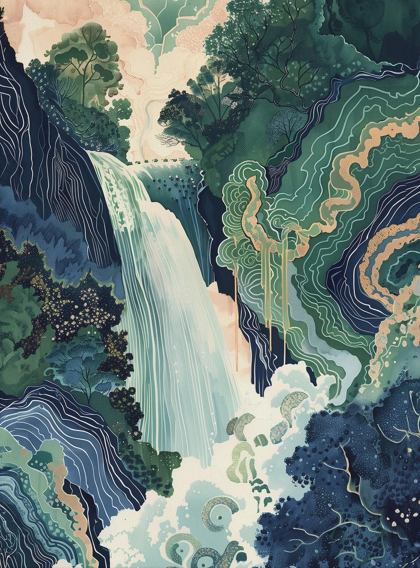 Hokusai Ukiyo-e Japanese Waterfall Canvas Wall Art | Vintage