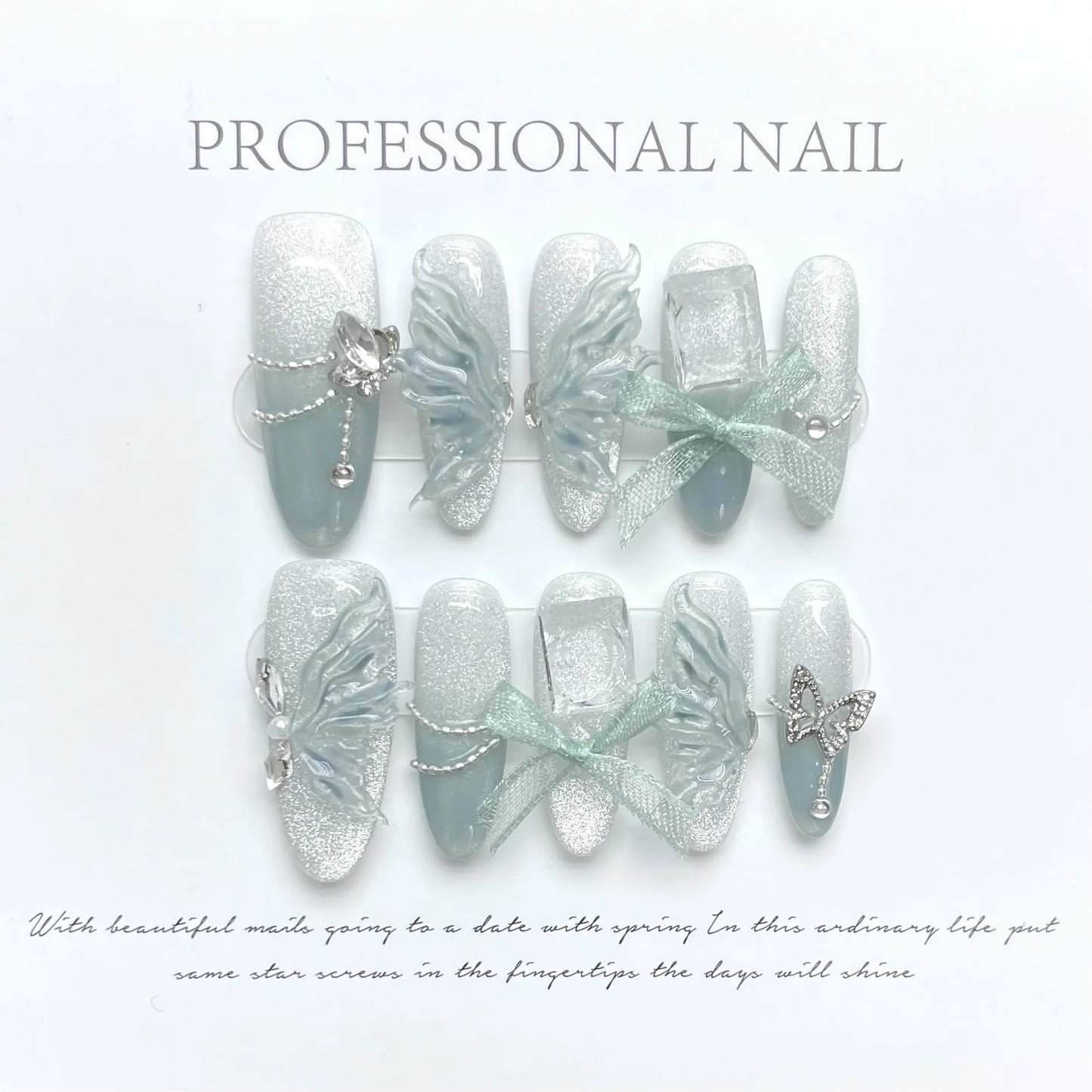 Handmade Press-On Nails Gradient Blue Cat Eye Glitter Butterfly