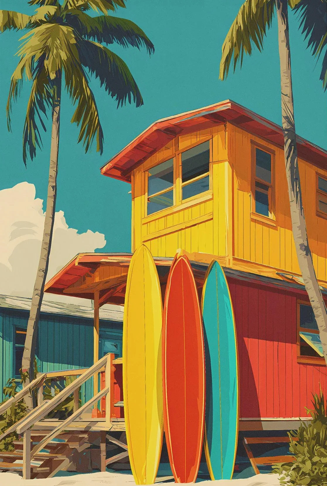 (1pc frameless)Summer Coastal Town Palm Tree Beach Dolphin Sailboat Tropical Fruit Cartoon Poster Canvas Paintings Wall Art P Peaceful Pleasures Health and Wellness