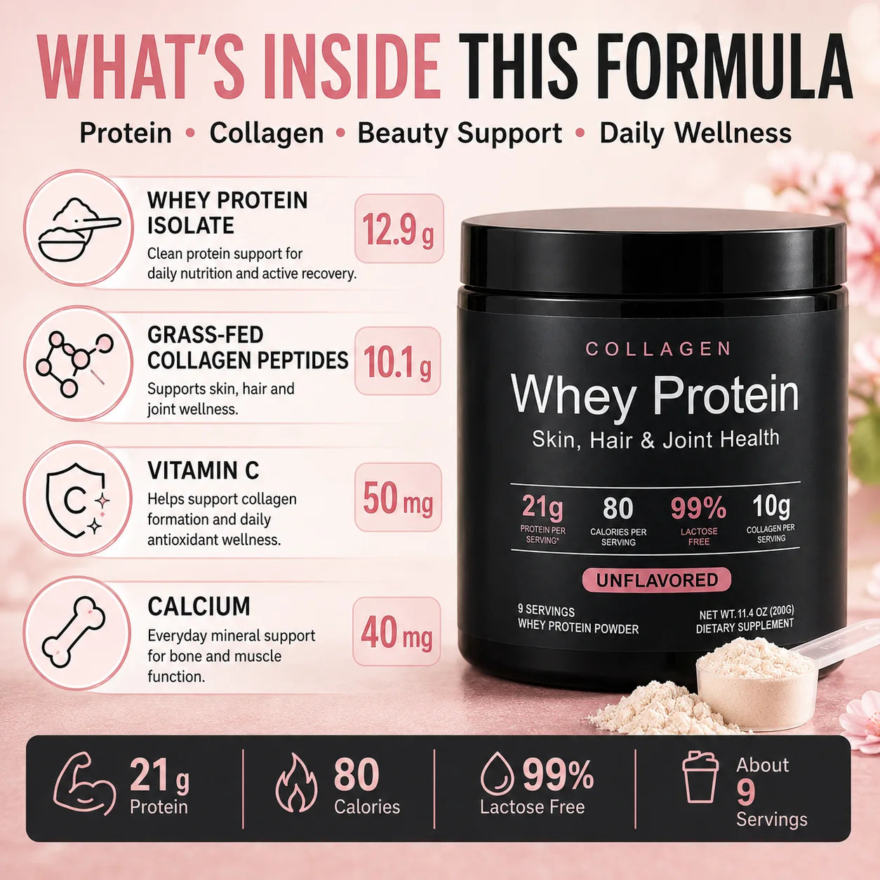 Collagen Whey Protein Powder | 21g Protein, 10g Collagen, Unflavored