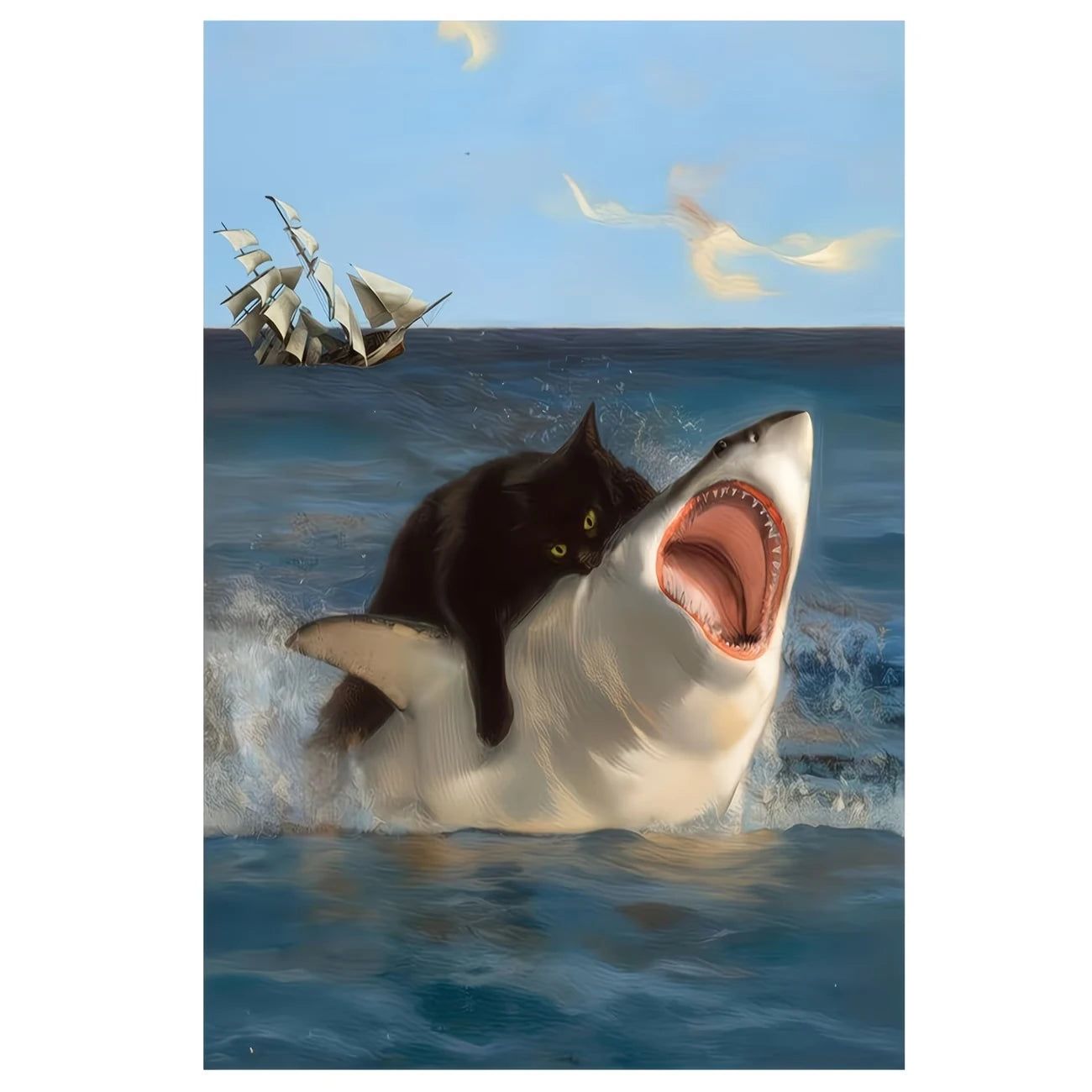 Modern Humorous Cat Shark In The Ocean Wall Art Print Canvas Painting Poster Picture For Living Room,Bedroom Home Decor Peaceful Pleasures Health and Wellness