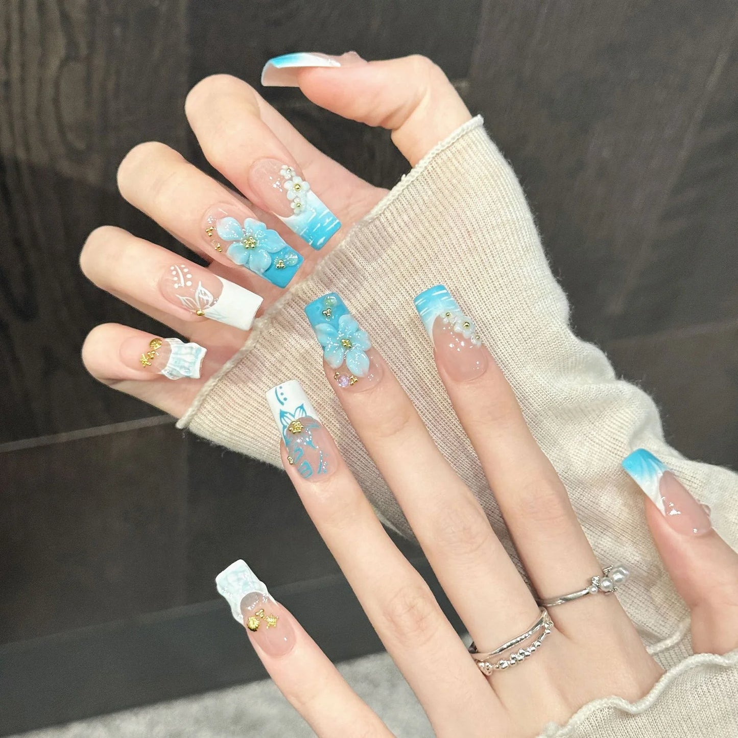 Handmade Blue Floral Press On Nails | Long Rectangle 10pc Set