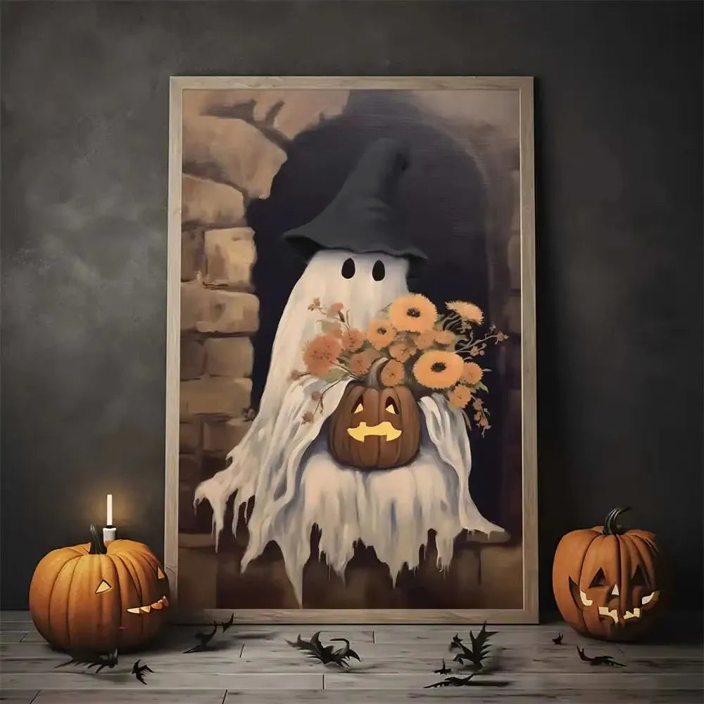 Nordic Style Halloween Poster Aesthetics Ghost Witch Witchcraft Black Cat Pumpkin Canvas Painting Wall Art Room Home Decor Peaceful Pleasures Health and Wellness ZLH5332 90x130cm No Frame