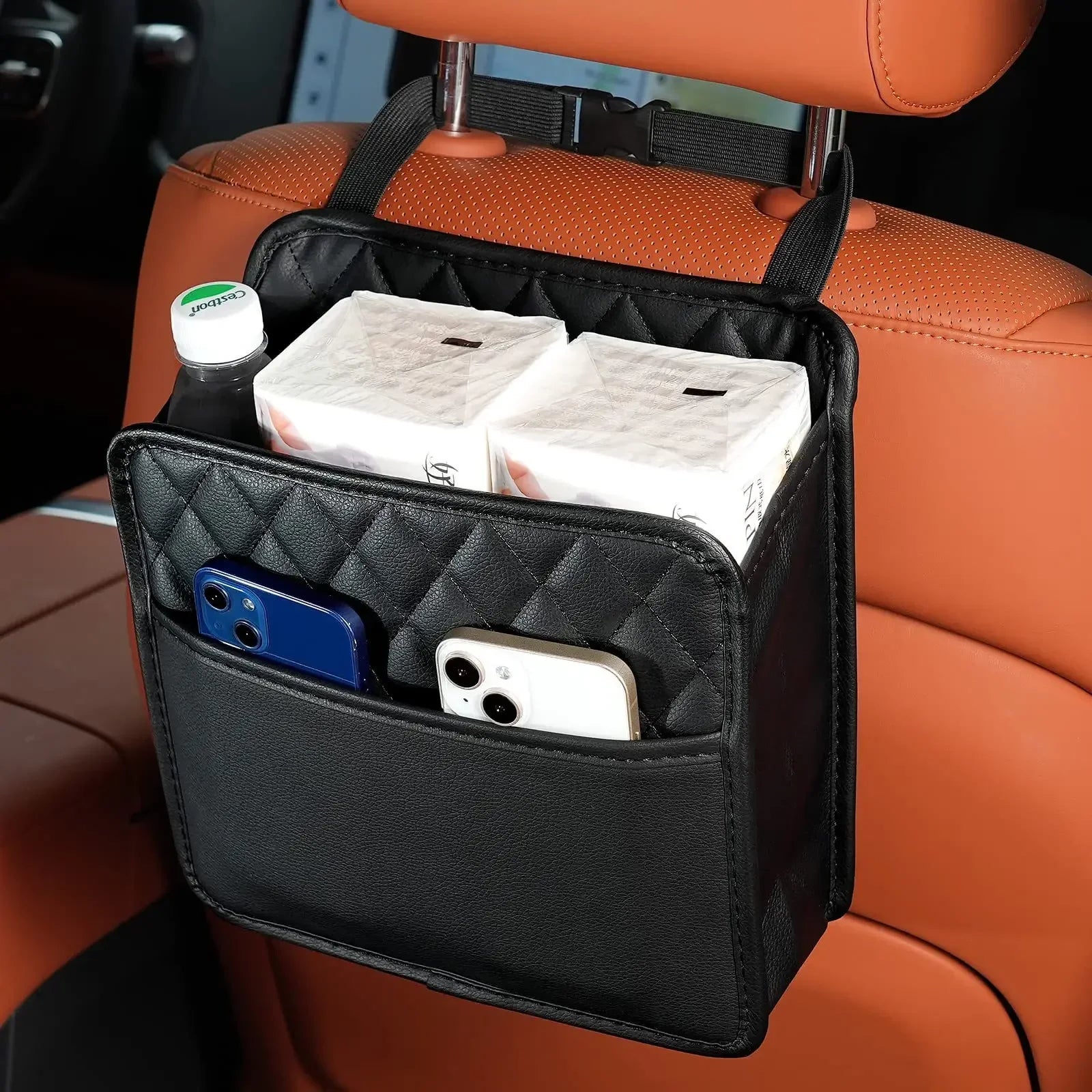 Multi-functional car seat back storage bag Leather storage bag Garbage bag Storage bag Garbage can storage for most models Peaceful Pleasures Health and Wellness