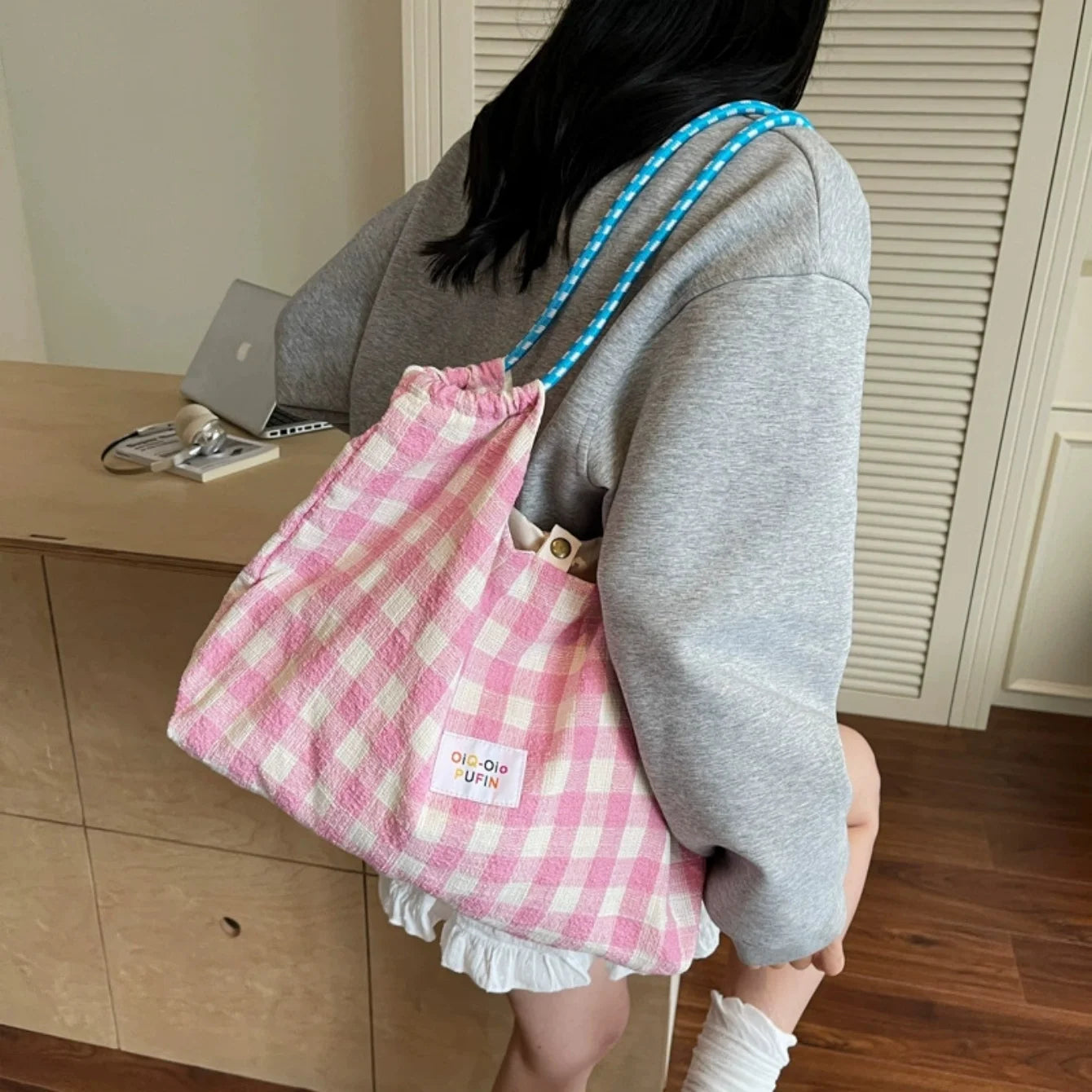 Women's Large Canvas Tote Bag – Korean Plaid Shoulder Bag