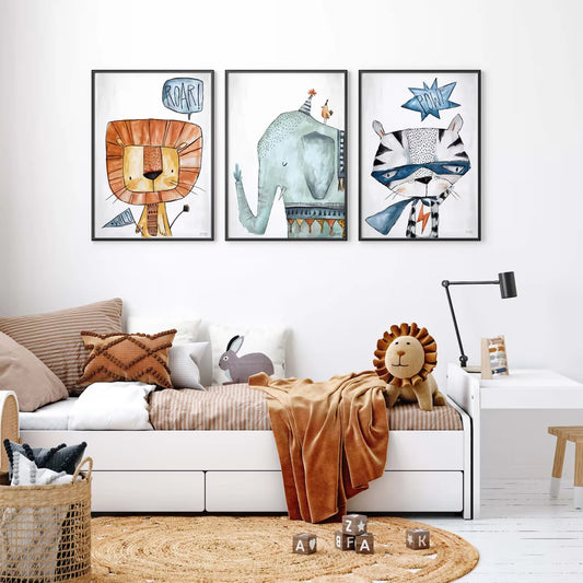 3-Piece Jungle Lion Tiger Elephant Canvas Wall Art Set Canvas Wall Art Set Peaceful Pleasures Health and Wellness G5366-3pcs 30x40cm Wood Framed