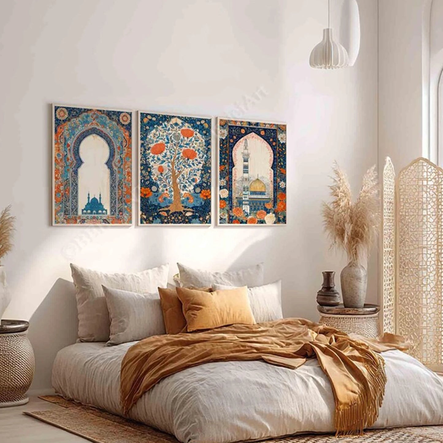 3-Piece Retro Islamic Mosque Canvas Wall Art | Indigo Orange