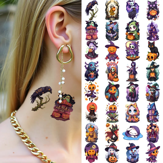 63-Piece Halloween Temporary Tattoos – Waterproof Skull & Witch Temporary Tattoo Set Oasis Select
