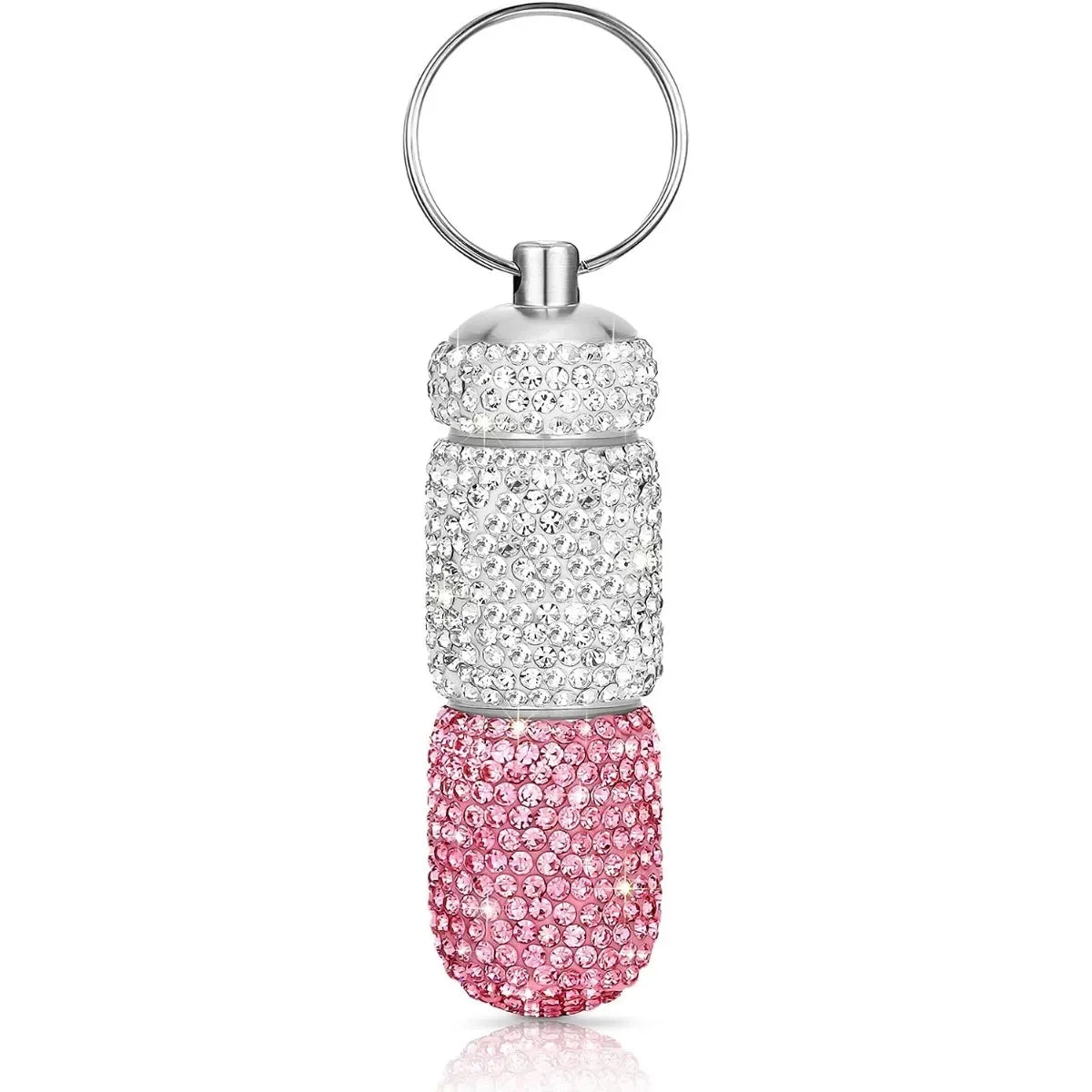 Bling Keychain Pill Box 2 Compartments Small Travel Pill Case Organizer Crystal Diamond Medicine Bottle Pill Bottle Keychain Peaceful Pleasures Health and Wellness Silver-Pink