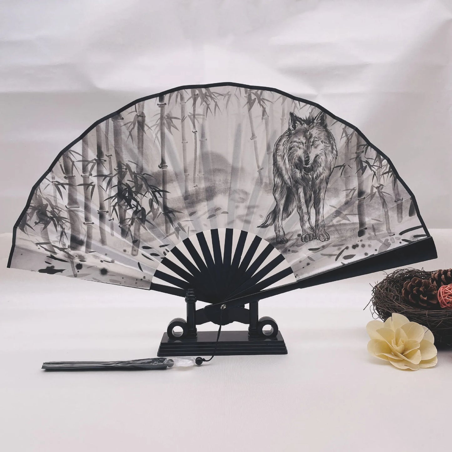 8 Inch China-Chic Fan Guofeng Folding Fan Double Sided Silk Ink Painting Chinese Fan With Tassel Antique Male Folding Fan Peaceful Pleasures Health and Wellness wolf