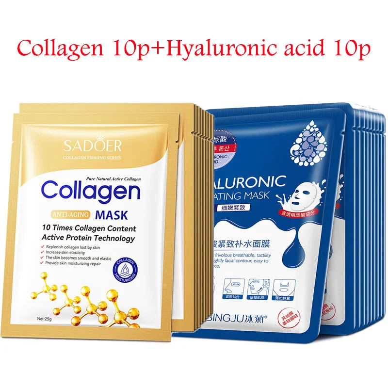 SADOER 20pc Hyaluronic Acid Collagen Sheet Face Mask Set