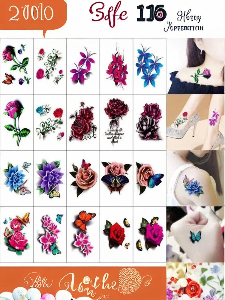 20 Sheets Waterproof Temporary Flower Butterfly Tattoo Stickers Women Fashion Art Sexy Removable Men Body Sticker Long-Lasting Peaceful Pleasures Health and Wellness