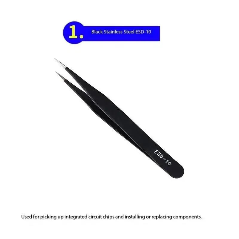 Anti-static ESD Tweezer Black Stainless Steel Straightflat Round Bent
