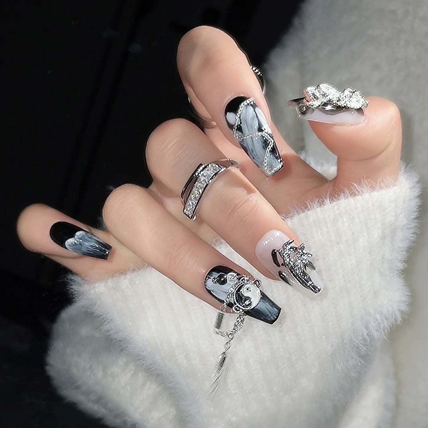 Handmade Press on Nails with Rhinestone Loong Bamboo Design False Nails for Women Wearable Chinese Ballet Head Fake Nail Tips Peaceful Pleasures Health and Wellness