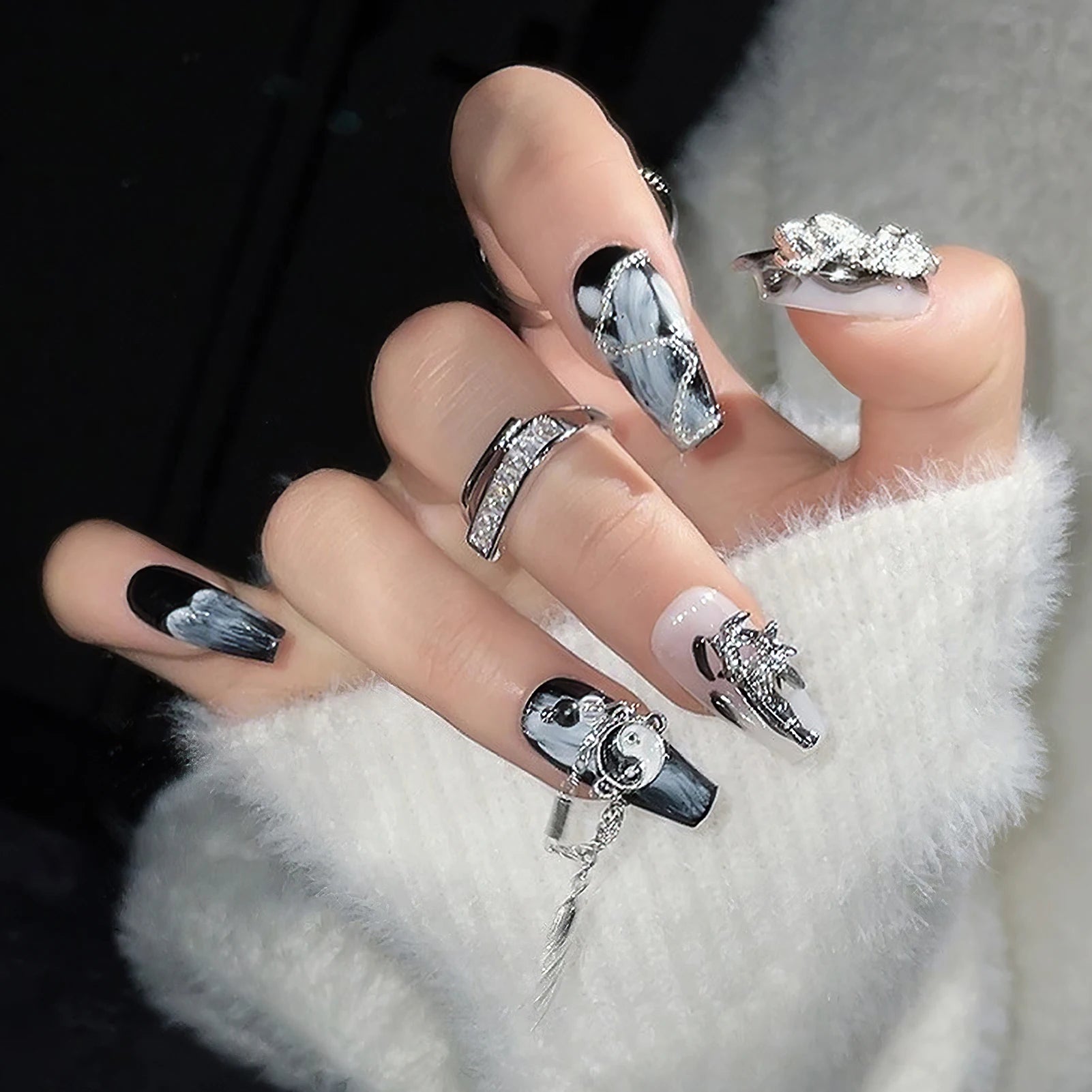 Handmade Press on Nails with Rhinestone Loong Bamboo Design False Nails for Women Wearable Chinese Ballet Head Fake Nail Tips Peaceful Pleasures Health and Wellness