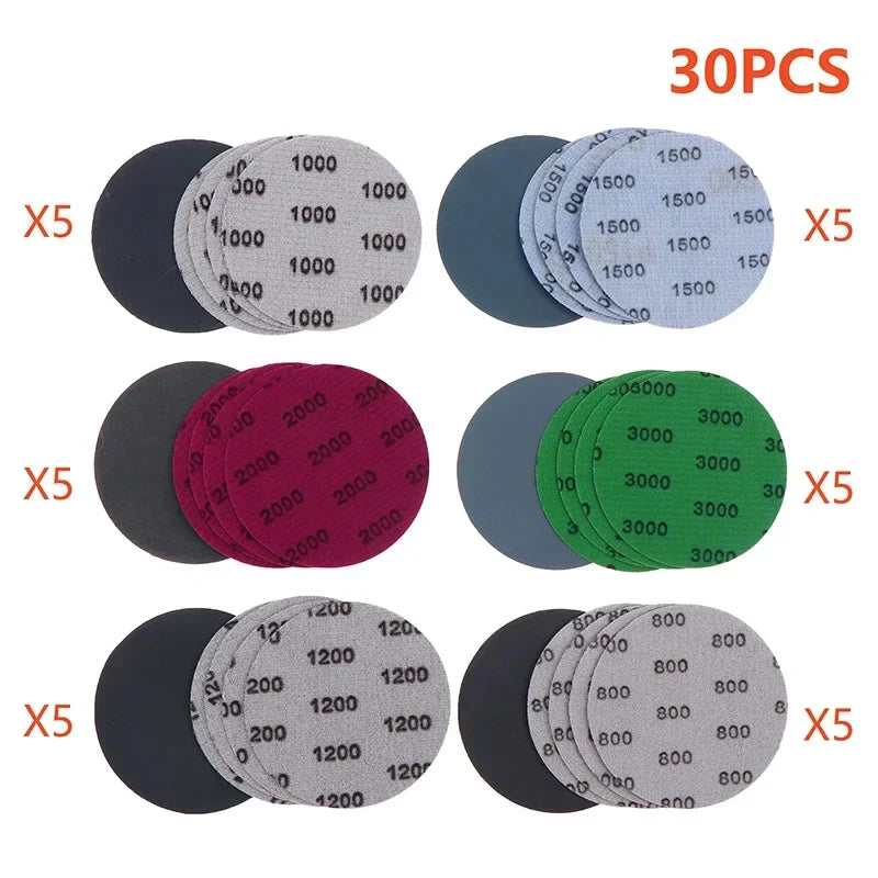 30-Pack 3" Sanding Discs 800–3000 Grit Wet/Dry Hook & Loop