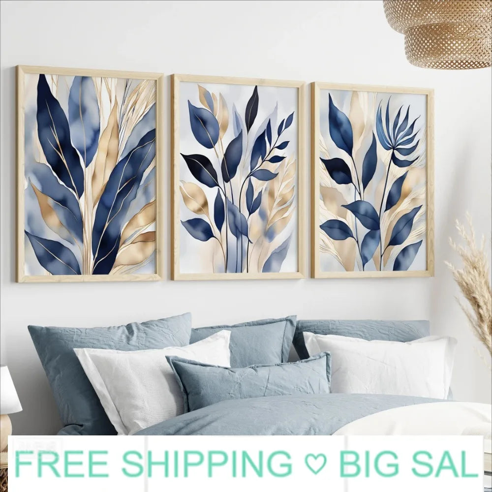 Blue Botanical Leaves Canvas Wall Art | Modern Abstract Plant Poster Canvas Wall Art Peaceful Pleasures Health and Wellness