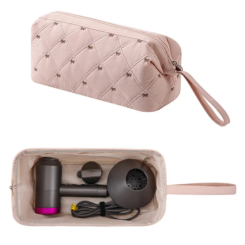 New Multi Functional Hair Dryer Storage Bag for Travel Cute Bow Embroidery Quilted Hair Tools Waterproof Zipper Cosmetic Bags Peaceful Pleasures Health and Wellness Pink