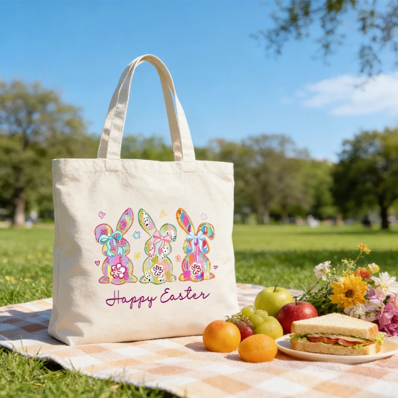 Colorful Easter Bunny Canvas Tote Bag | Reusable Gift Bag Canvas Tote Bag Peaceful Pleasures Health and Wellness